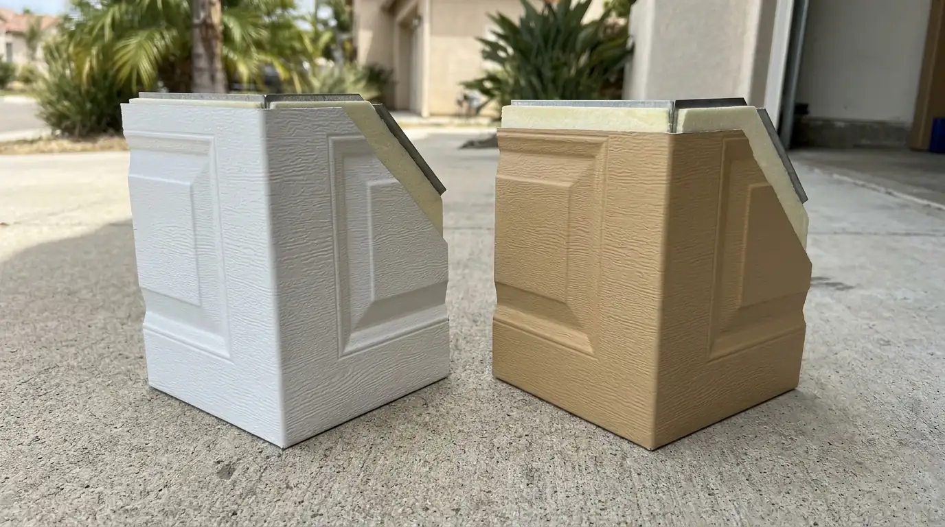 Before: steel door sample corners in white, sandstone and woodgrain on a driveway