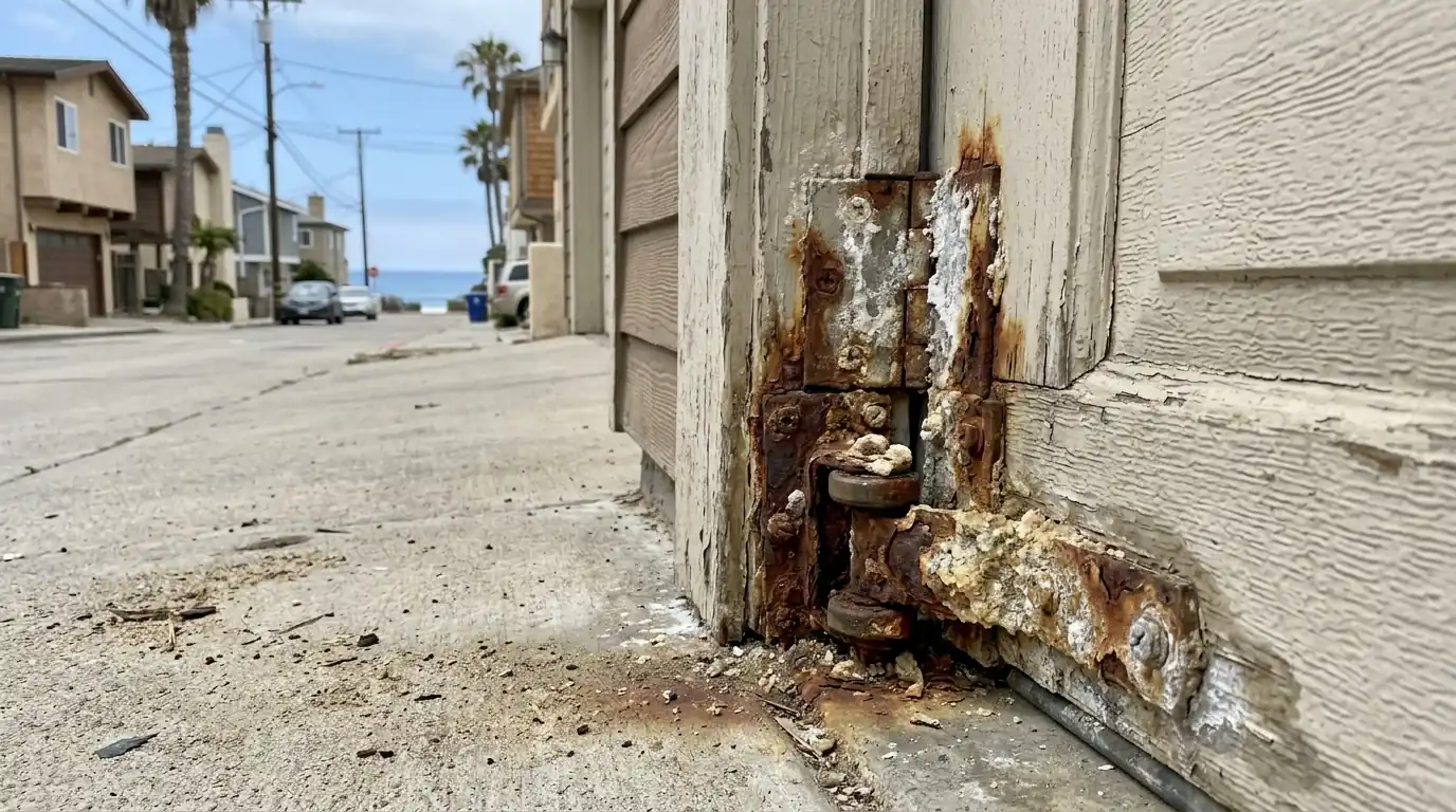 Corroded garage door hinges and bottom bracket on a beach house