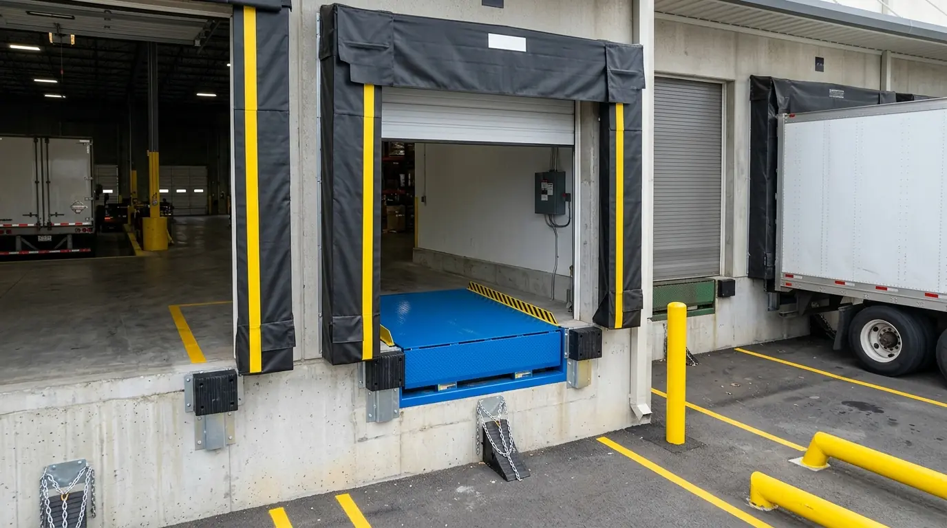 After: a new dock leveler, seal and bumpers at a busy warehouse dock