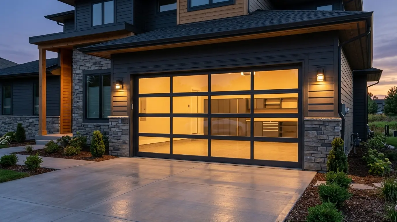 After: a finished full view glass door glowing from inside at dusk