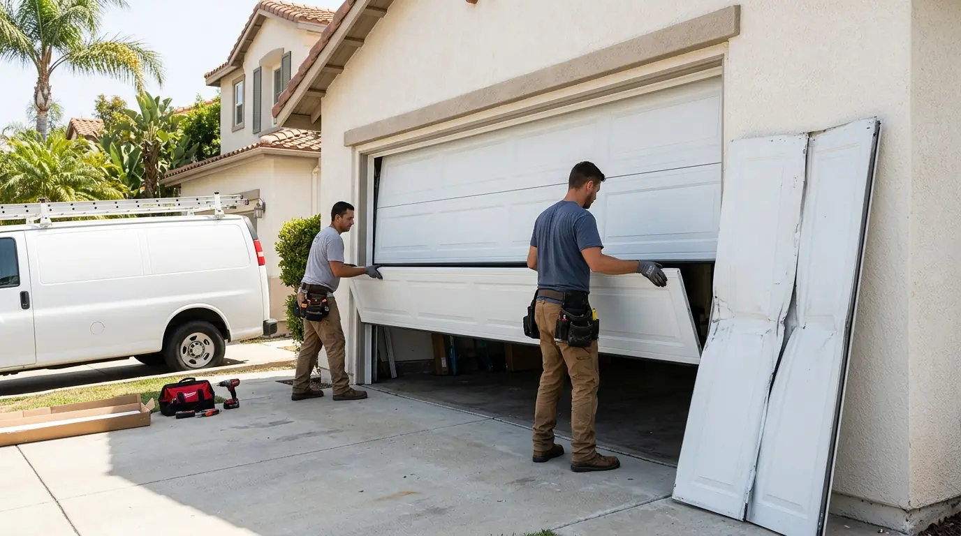 Installers fitting a new matched section into a garage door
