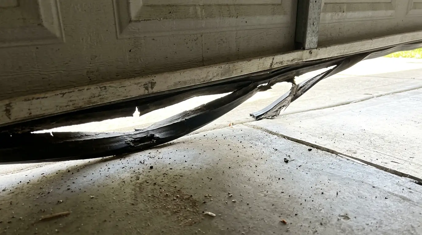 Before: daylight showing under a garage door with a cracked bottom seal