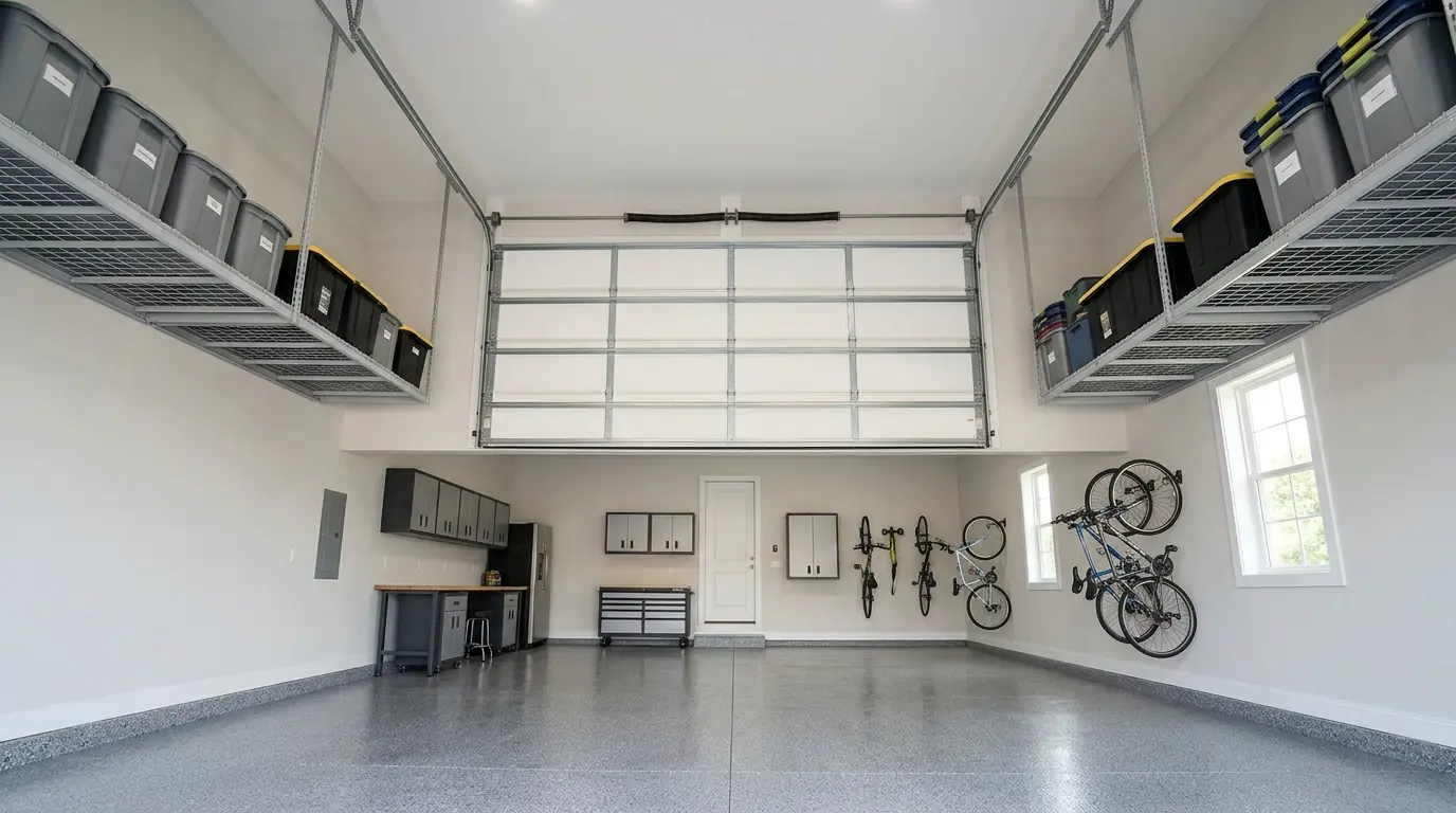 After: a high-lift track conversion with the door stored high and overhead storage racks below the ceiling