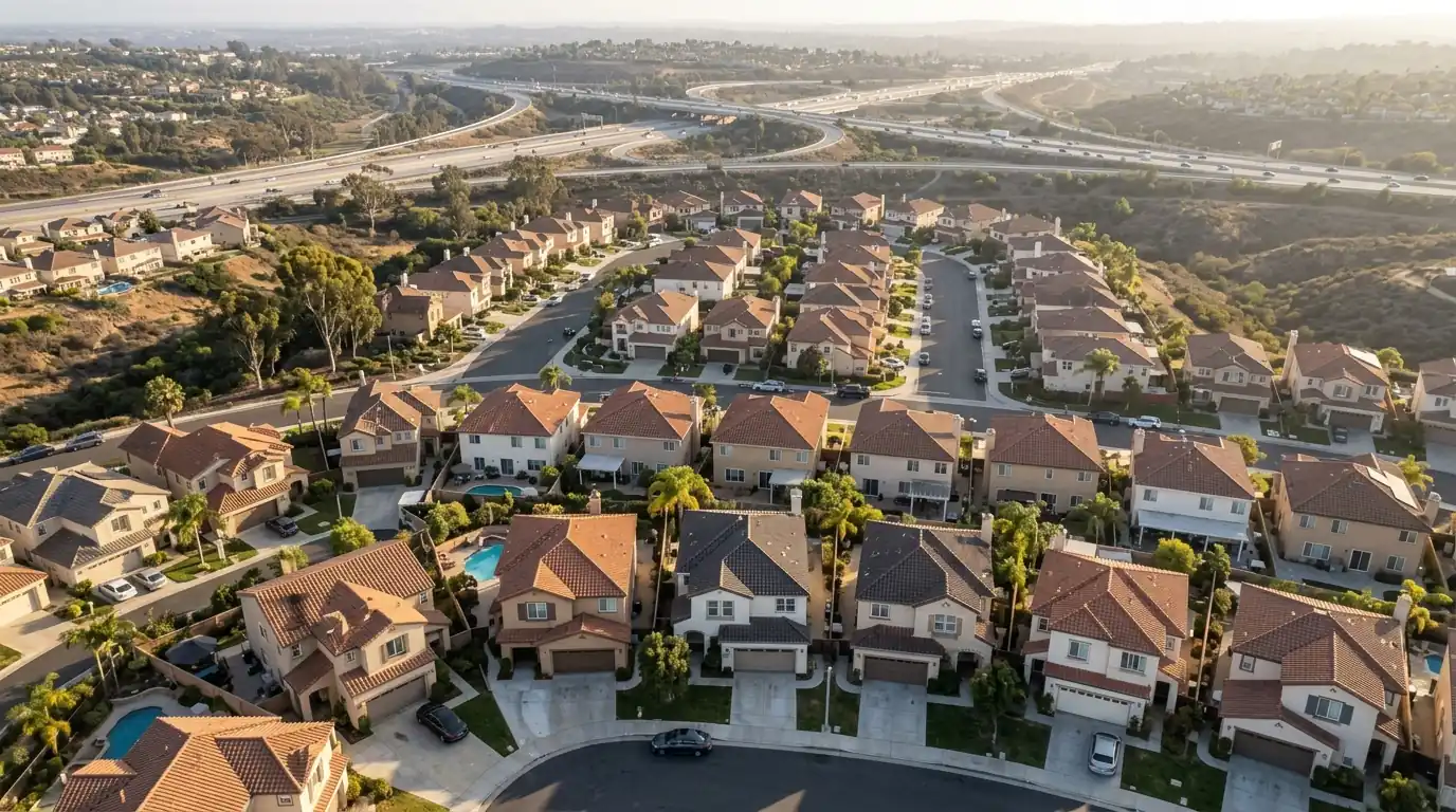 Aerial view of San Diego County neighborhoods with attached garages