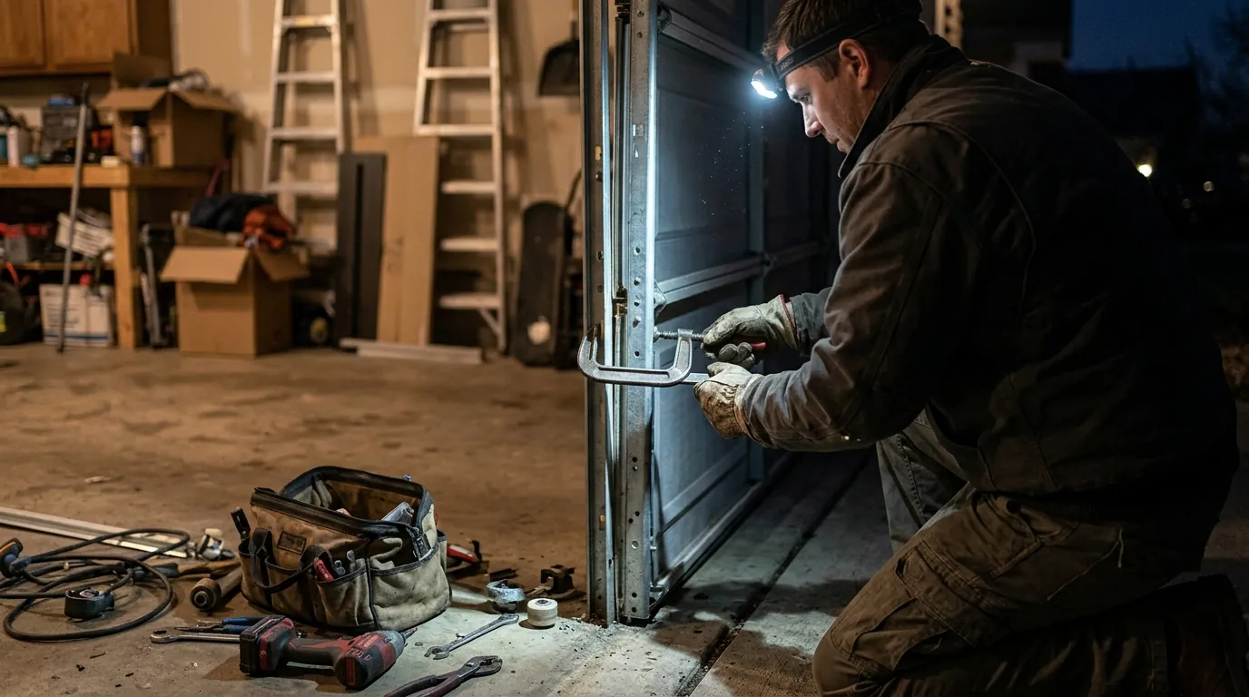 During the job: clamping a jammed door in place by headlamp before lifting it back onto its track