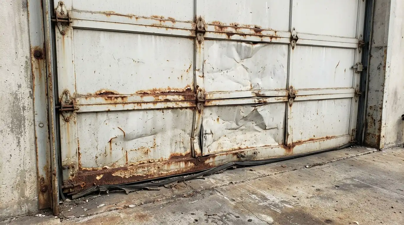Before: an old non insulated dock door with dents and rust