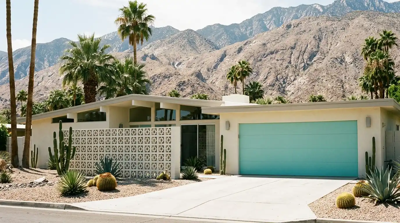 Flush garage door on a mid-century modern Palm Springs home