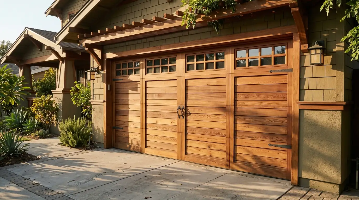 Stained cedar garage door with horizontal planks on a Craftsman home
