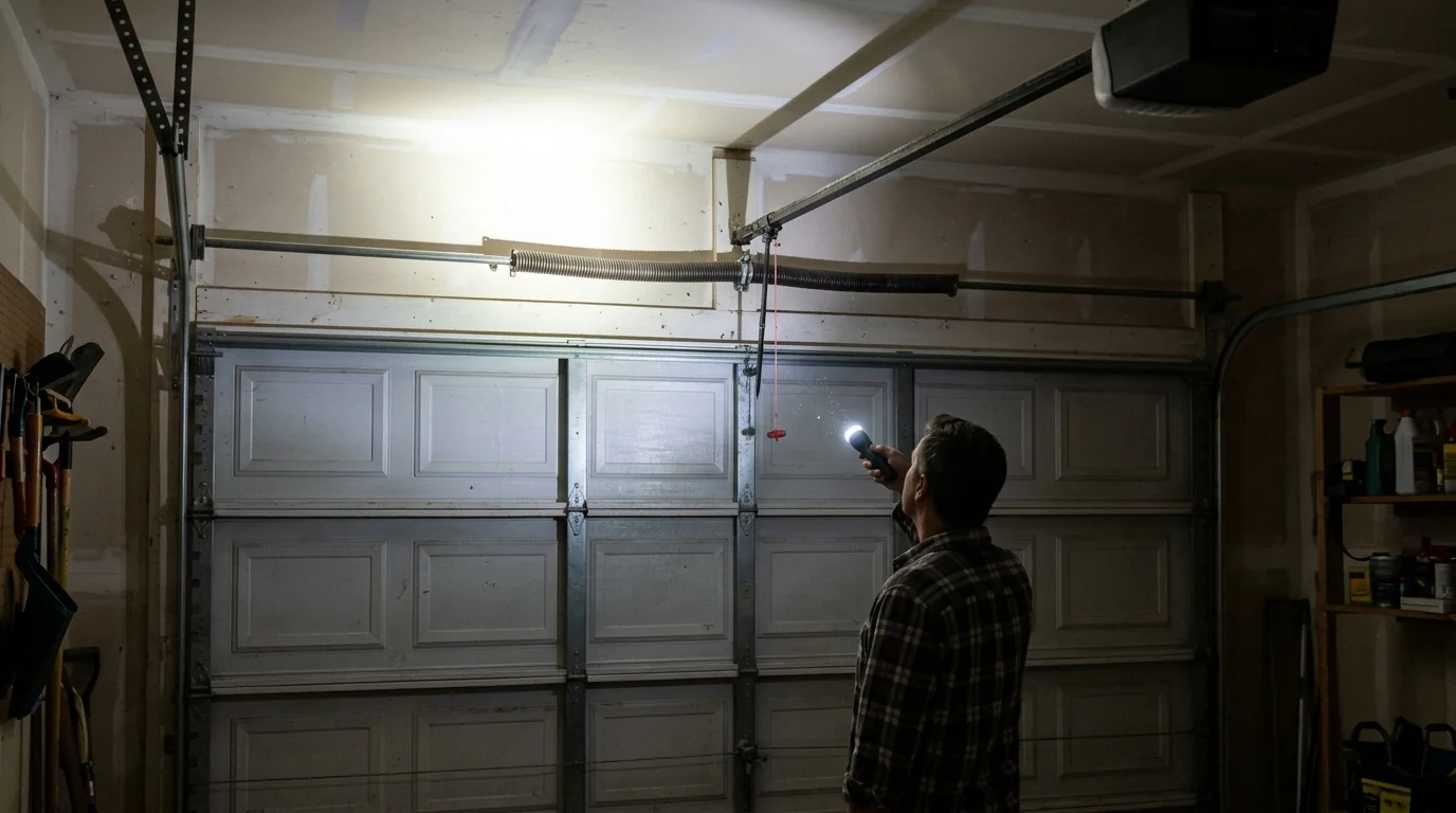 Homeowner checking garage door springs with a flashlight