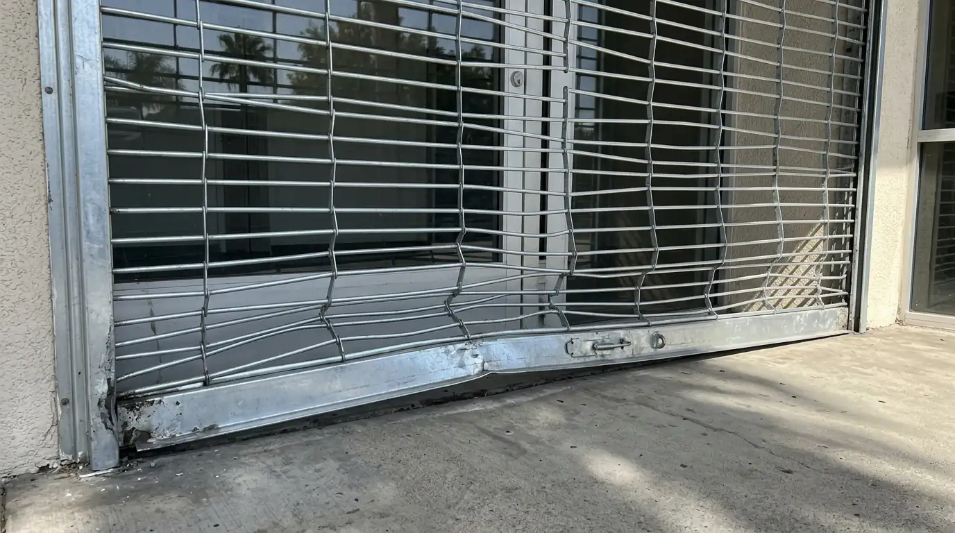 Before: a storefront with a bent rolling grille that will not lock