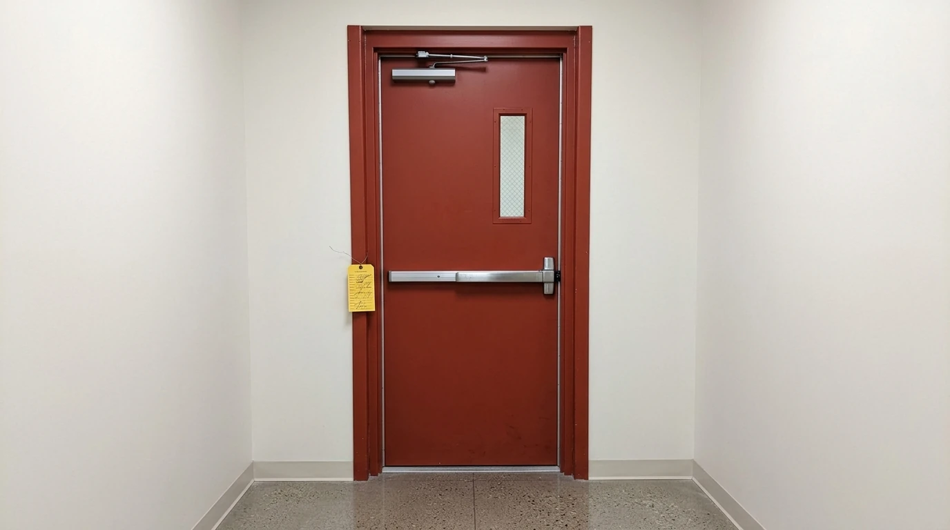 After: a closed fire door with a signed inspection tag on its frame