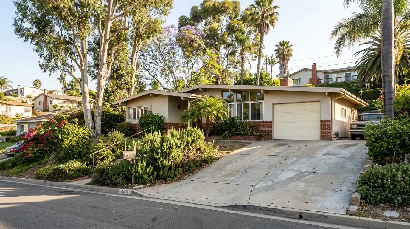 One-piece garage door on a 1950s La Mesa ranch house