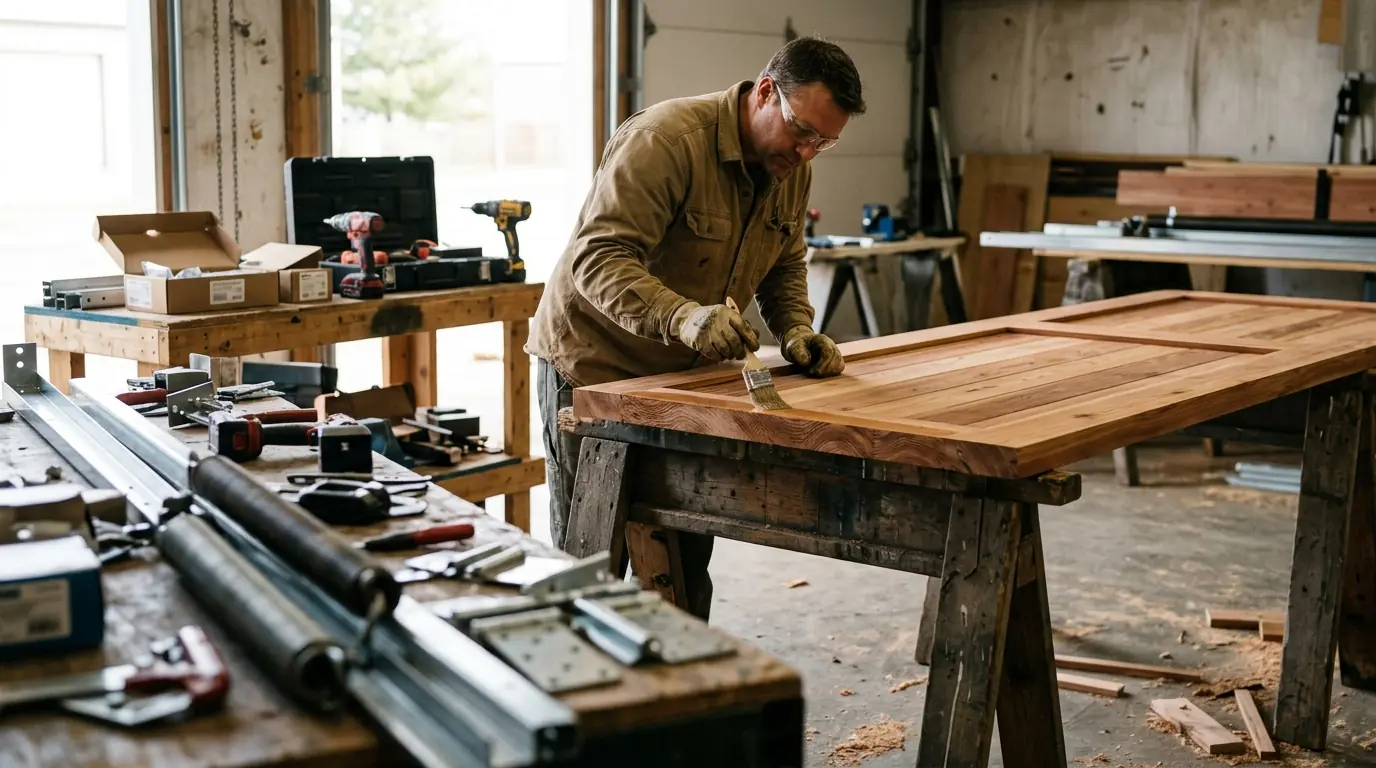 During the job: sealing the edges of a new cedar door section