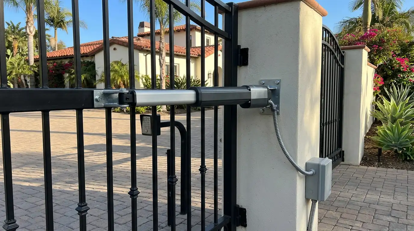New swing gate operator arm installed on a driveway gate