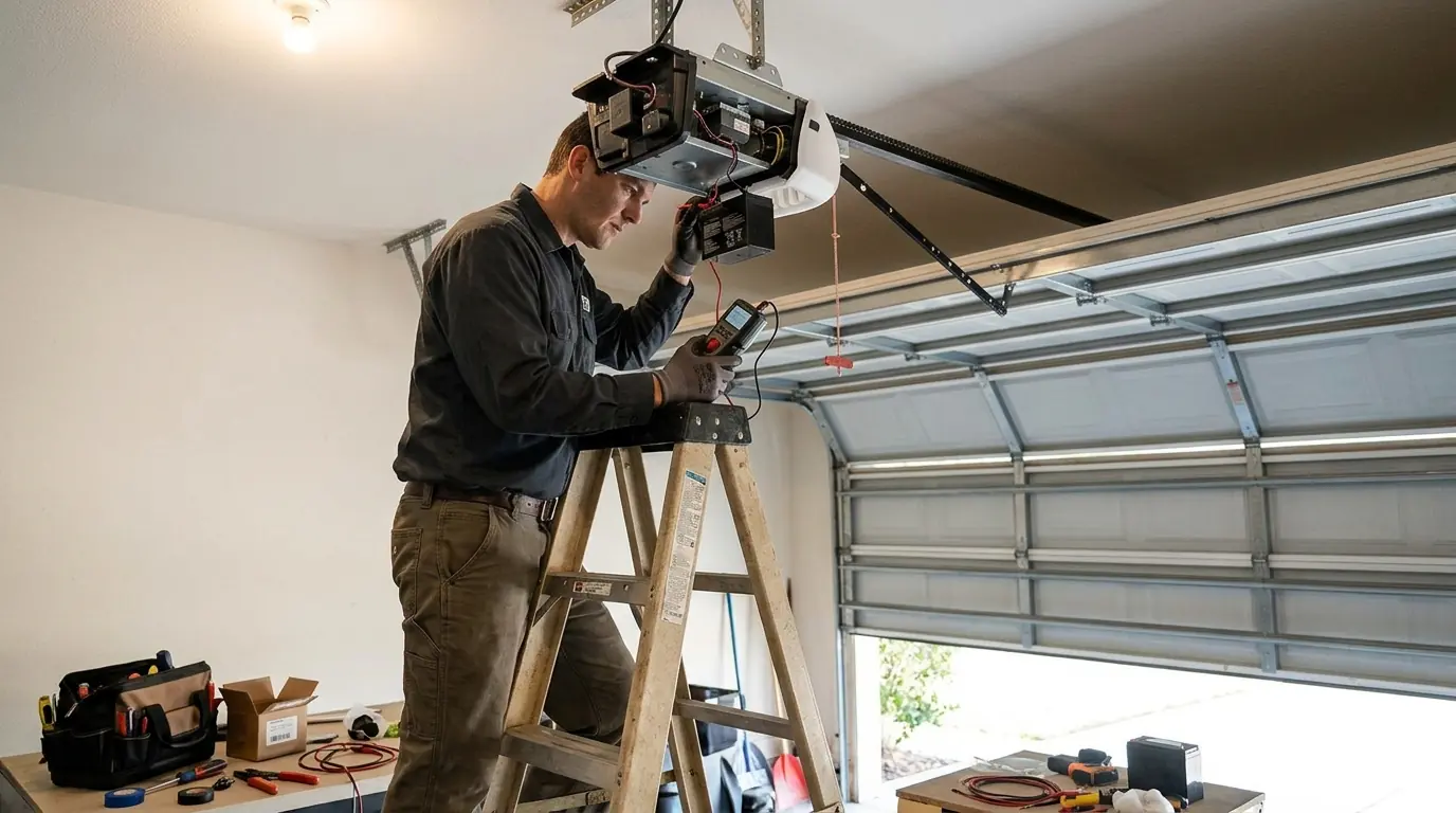 During the job: load testing a backup battery with the door moving