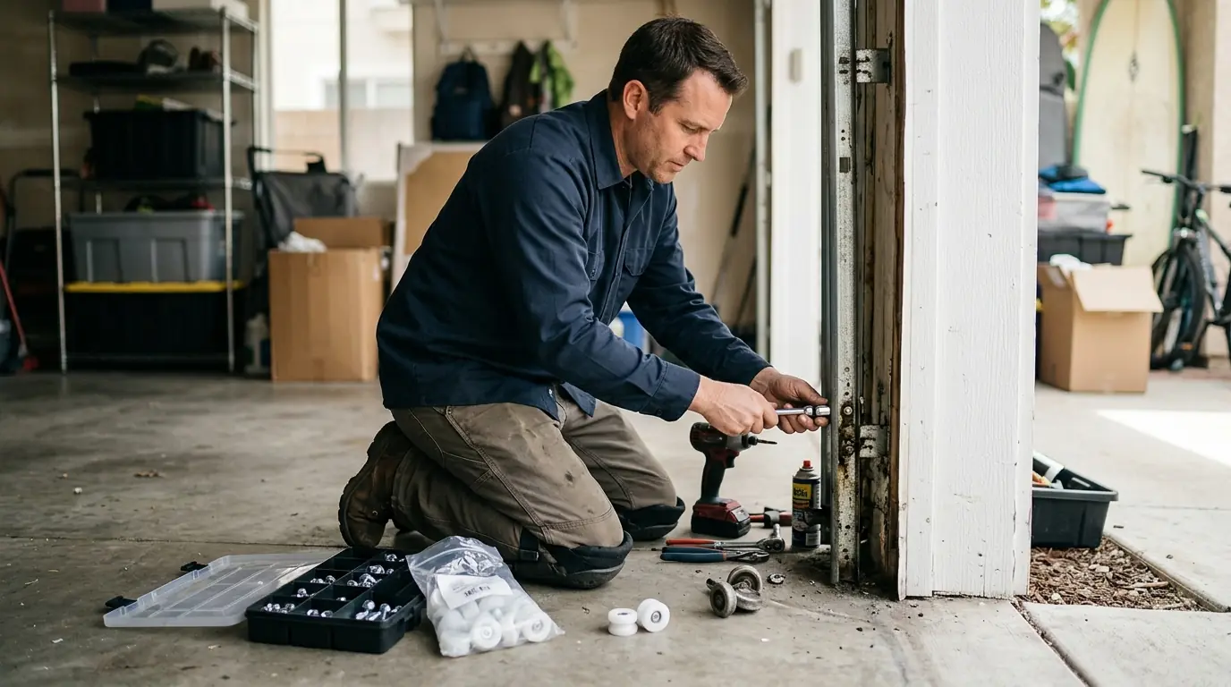 Technician replacing worn garage door rollers along the track