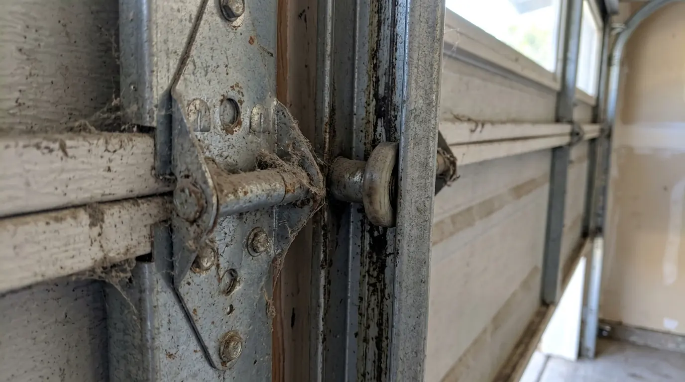 Before: dry hinges and dusty rollers along a garage door track