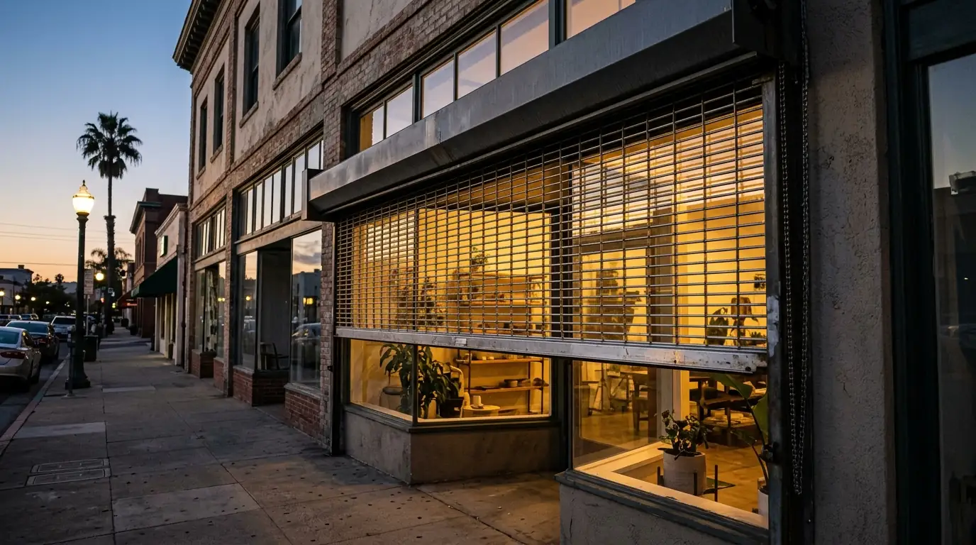 Rolling security grille half closed over a storefront