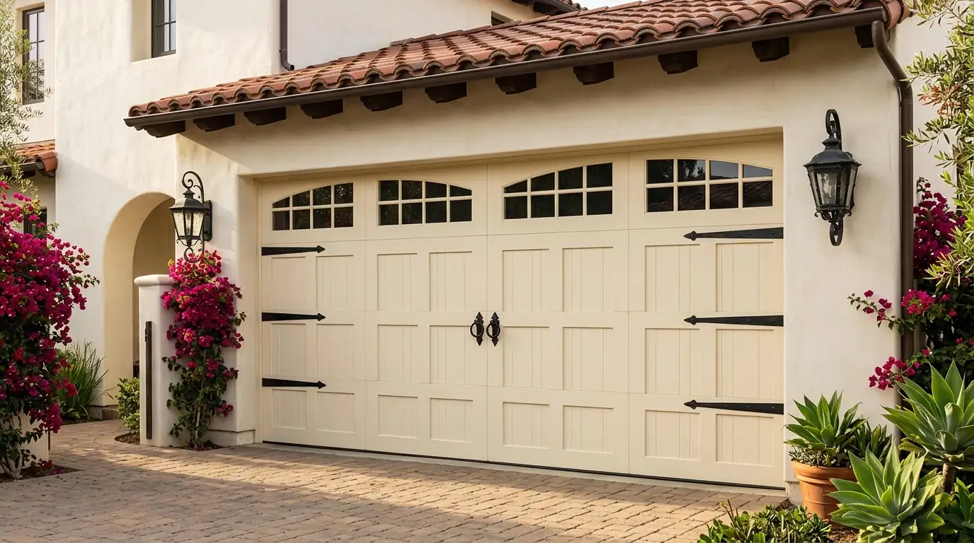 Carriage house style garage door with black strap hinges on a Spanish style home