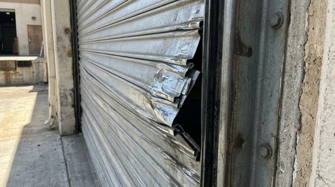 Before: a rolling steel curtain with bent slats jammed in its guide