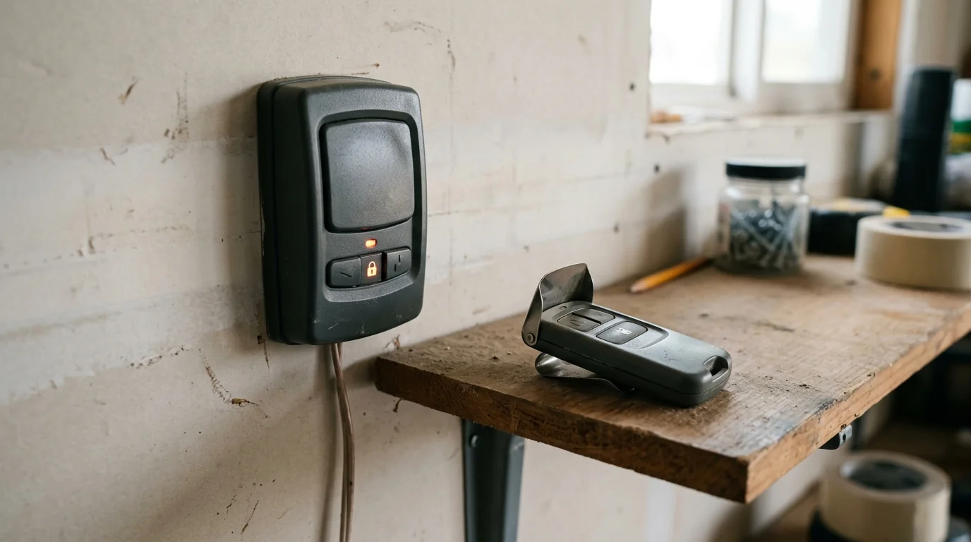 Garage door wall control with the lock button lit