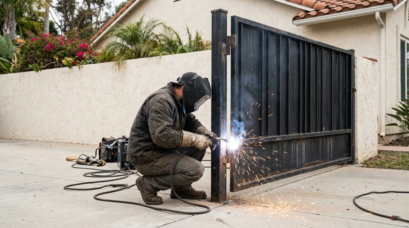 Technician welding a hinge on a black steel driveway gate