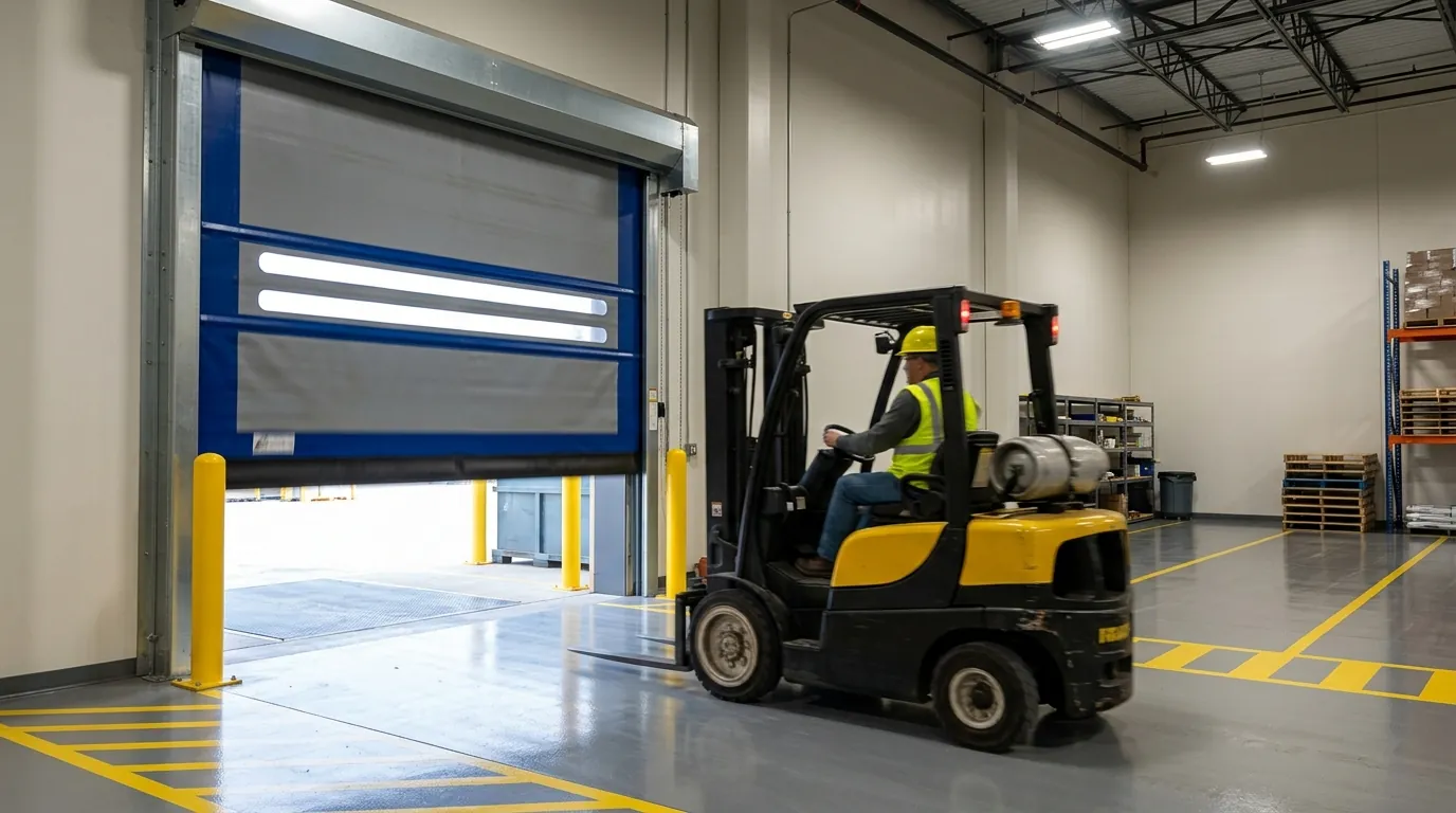 After: a high speed fabric door snapping shut behind a forklift