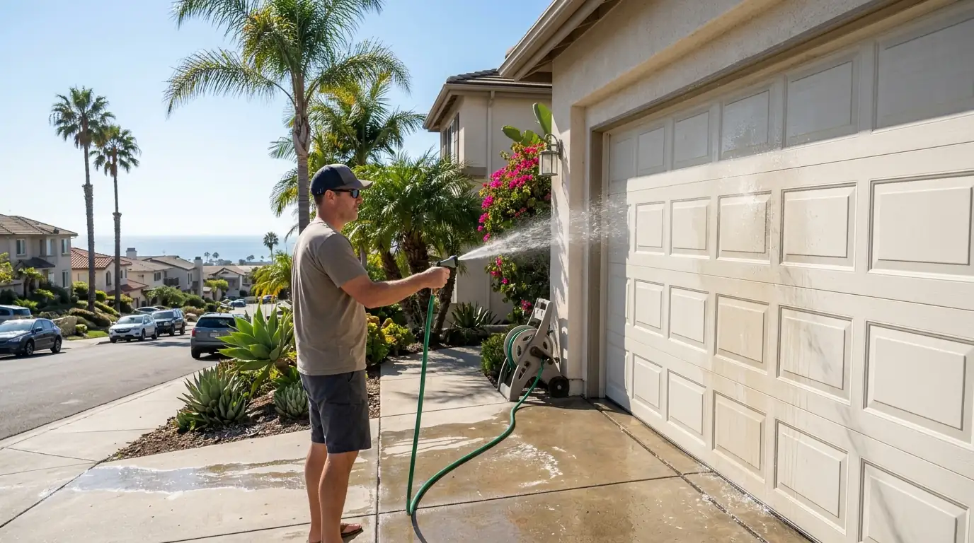 Homeowner rinsing a garage door near the coast