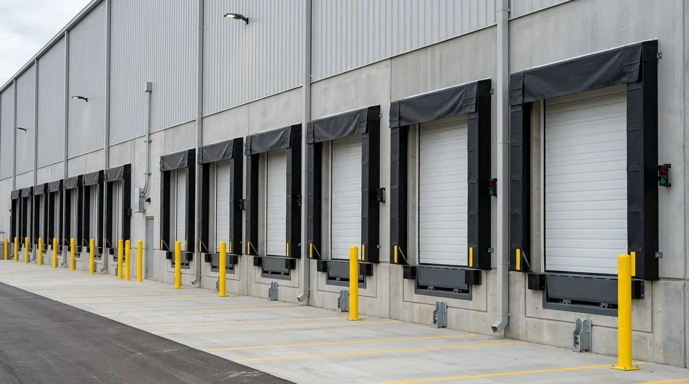 After: a row of new insulated sectional dock doors on a distribution building