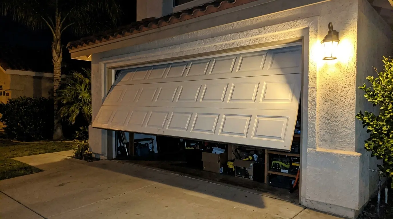 Before: a white garage door stuck half open at night with the driveway lit by a porch light