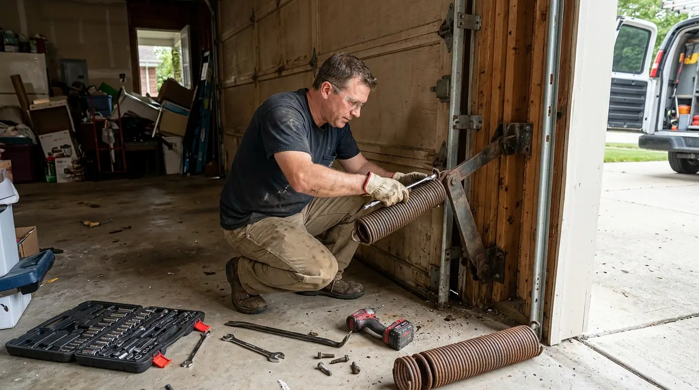 During the job: unloading the old pivot springs before removing the slab