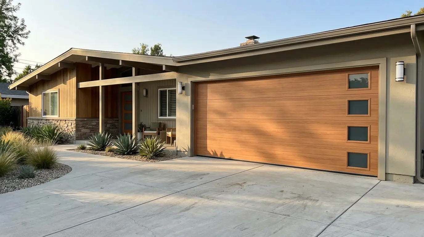 After: a new sectional door on the same mid-century house