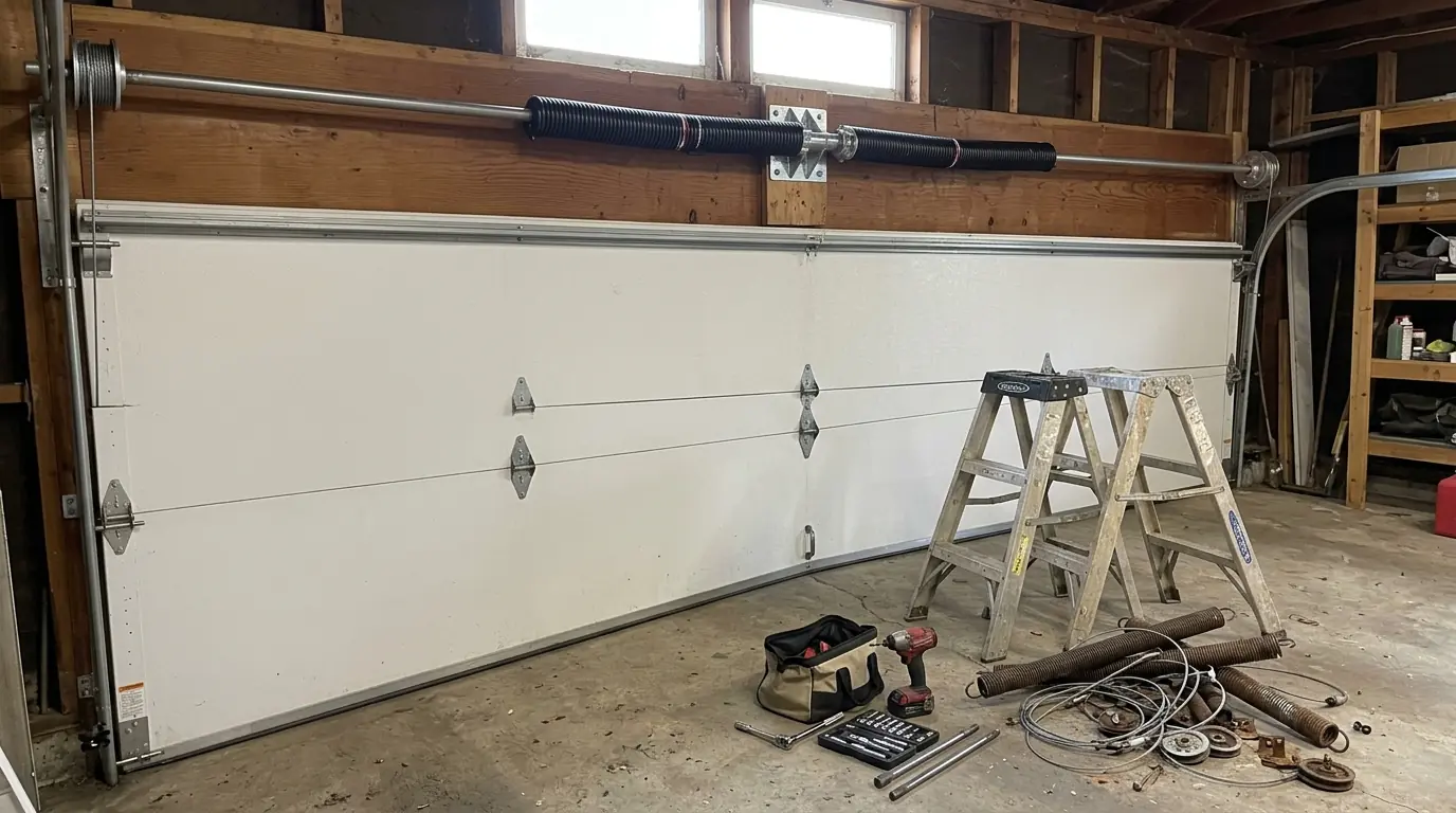 New torsion spring assembly above a garage door after conversion from extension springs