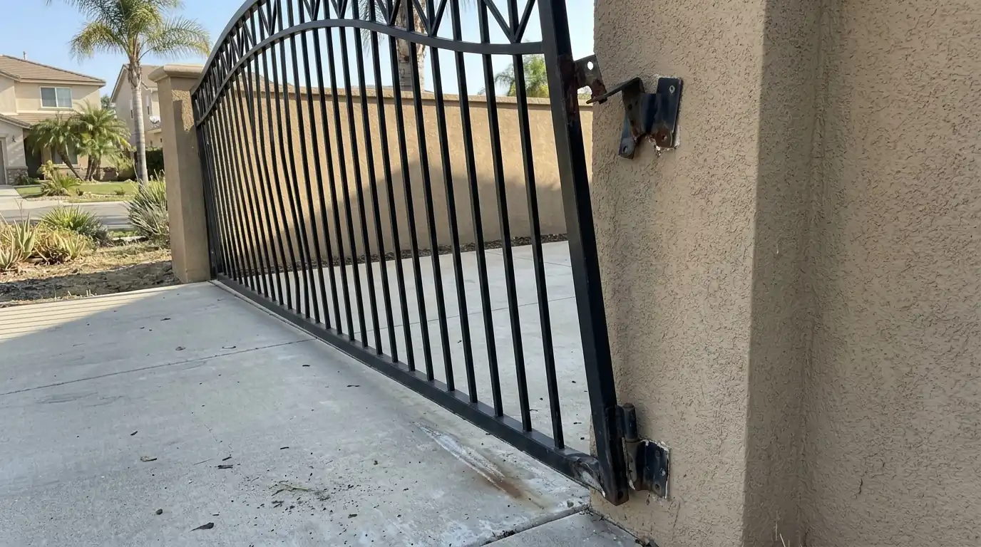 Before: a black steel swing gate sagging off its hinge