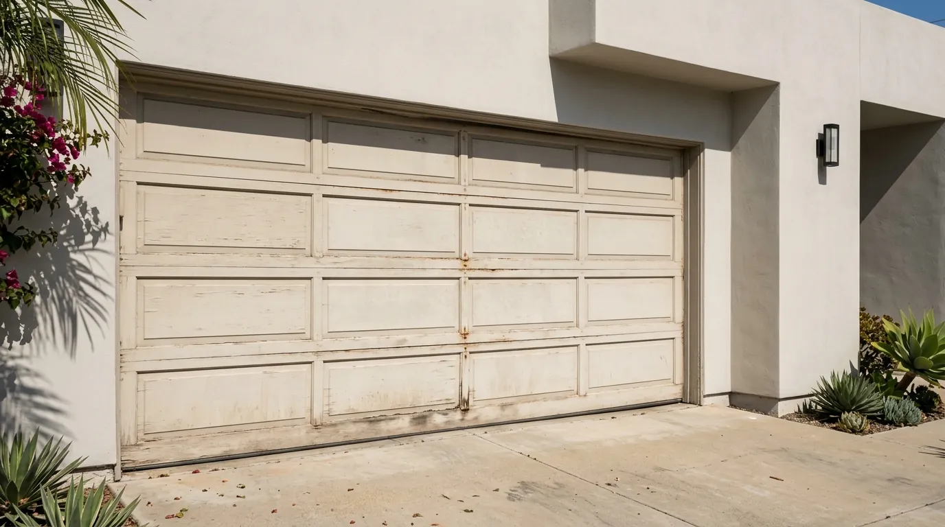 Before: a dated solid door on a modern stucco home
