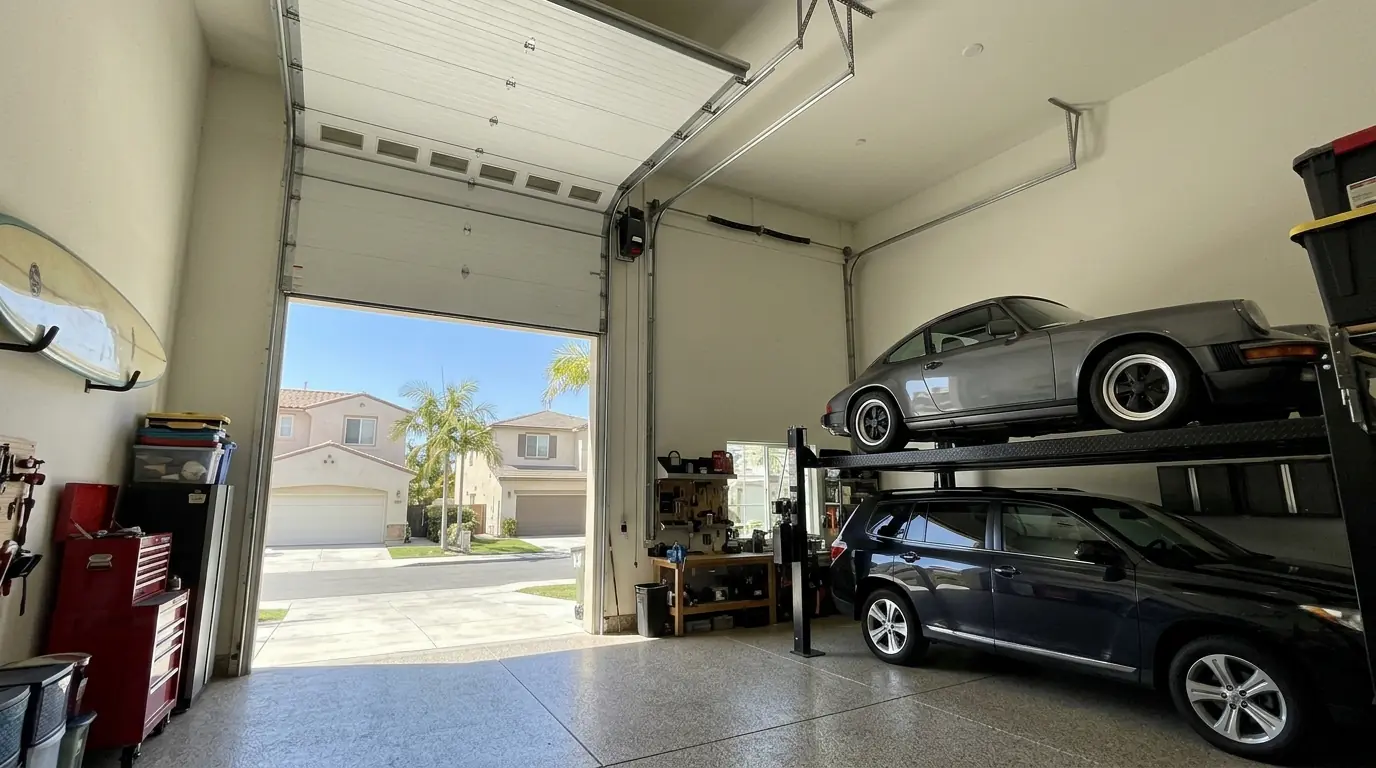 Garage door on high-lift track stored near the ceiling above a car lift