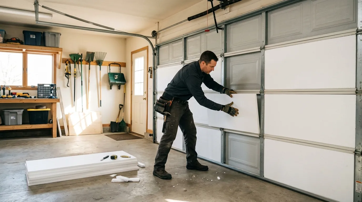 Technician fitting an insulation panel into a garage door section
