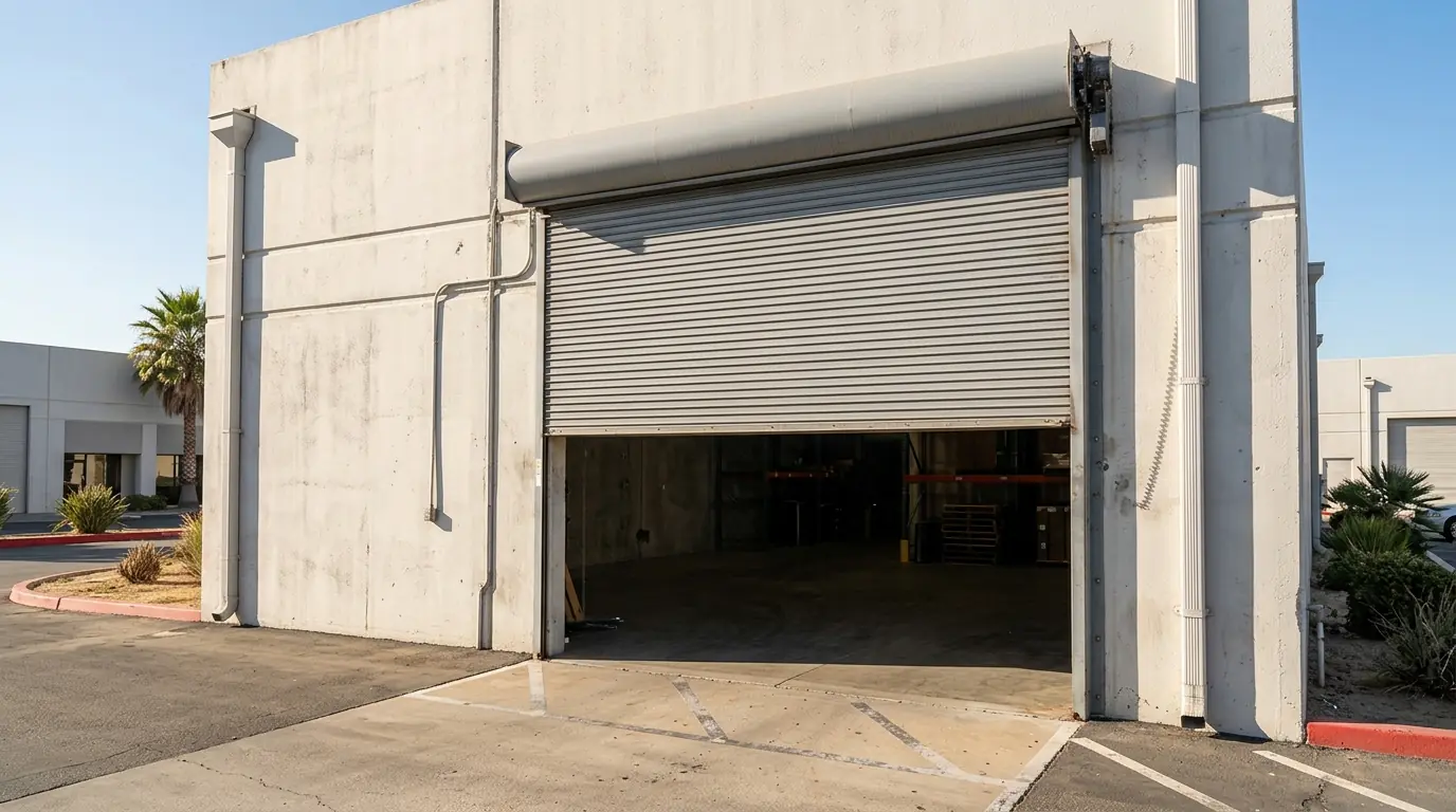 Grey rolling steel service door half open on a warehouse