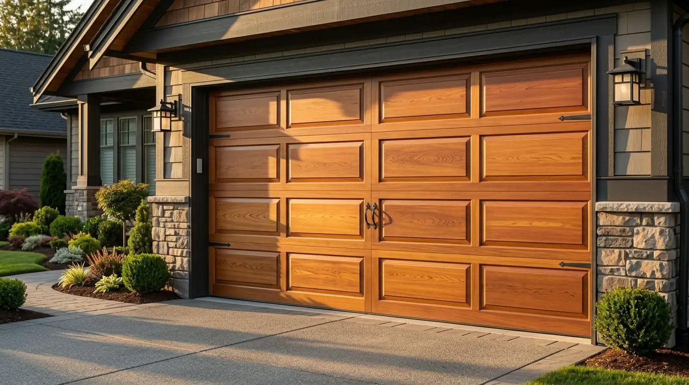 After: a finished stained cedar door with warm grain in afternoon light