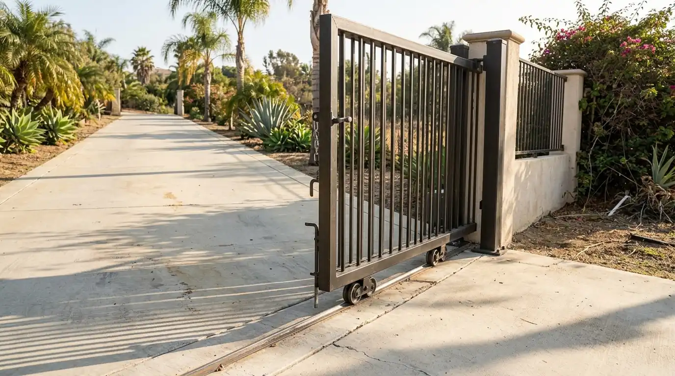 Before: a manual driveway slide gate on a long concrete drive