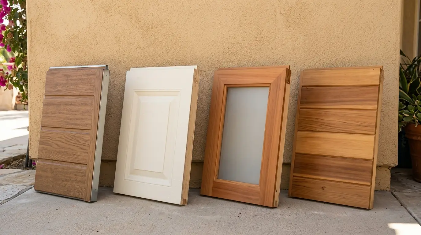 Garage door sample corners in four styles against a stucco wall