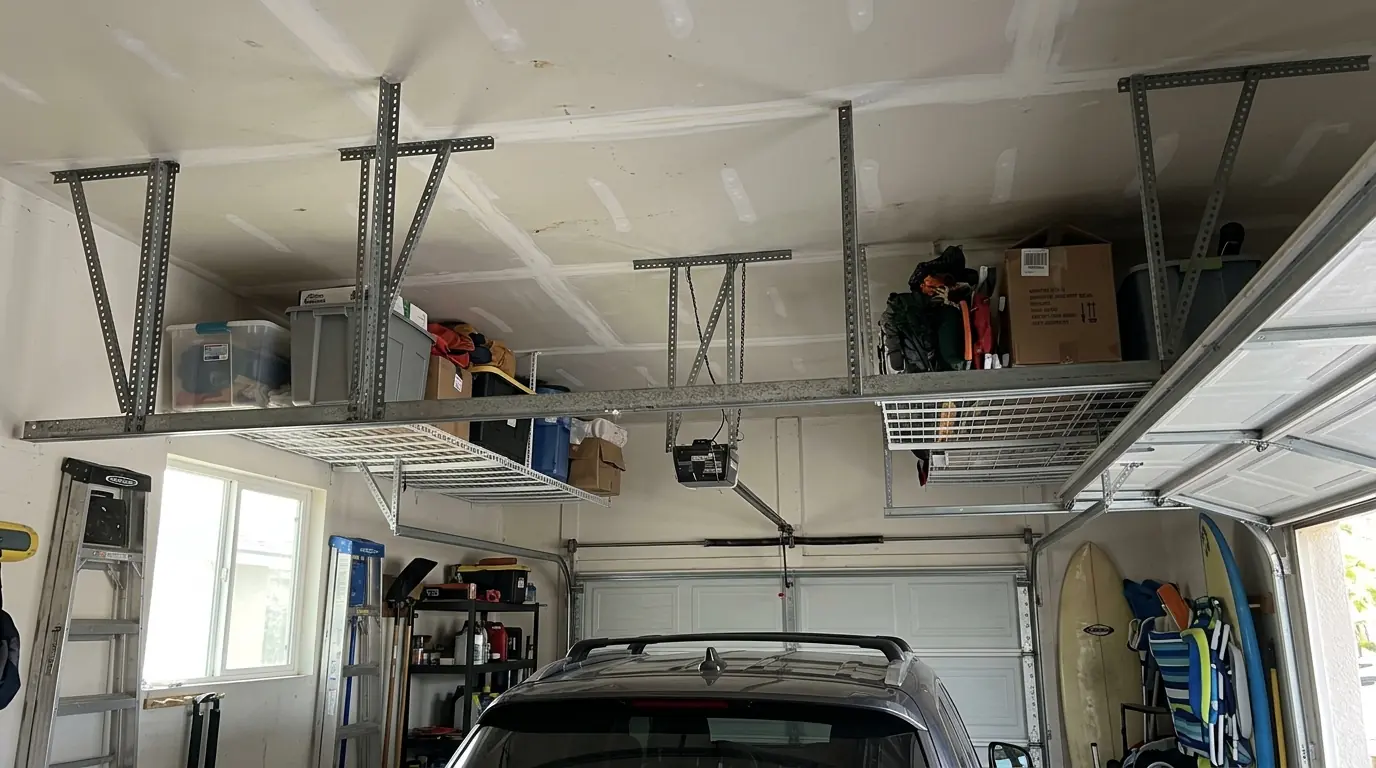 Before: standard garage door tracks blocking ceiling storage above a parked car