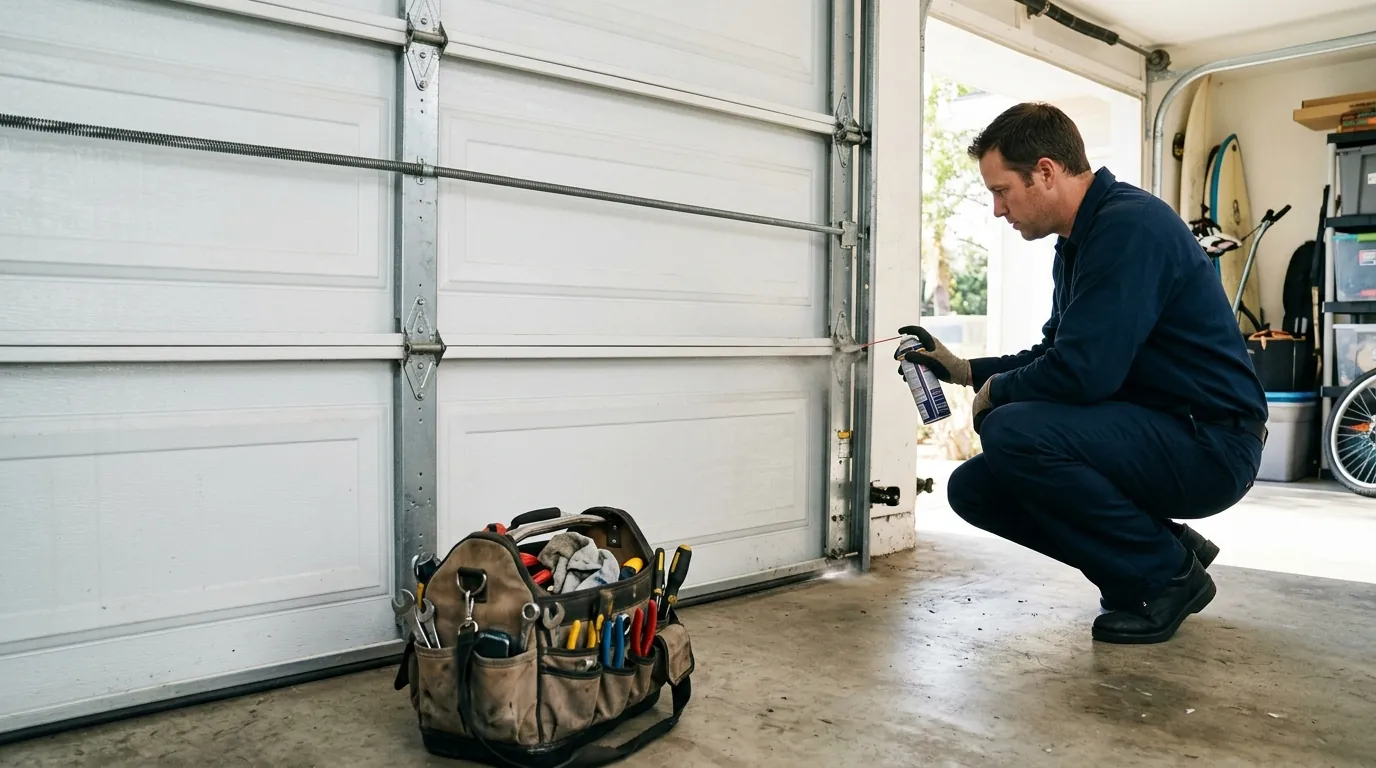 Technician lubricating garage door hinges and rollers during a tune-up