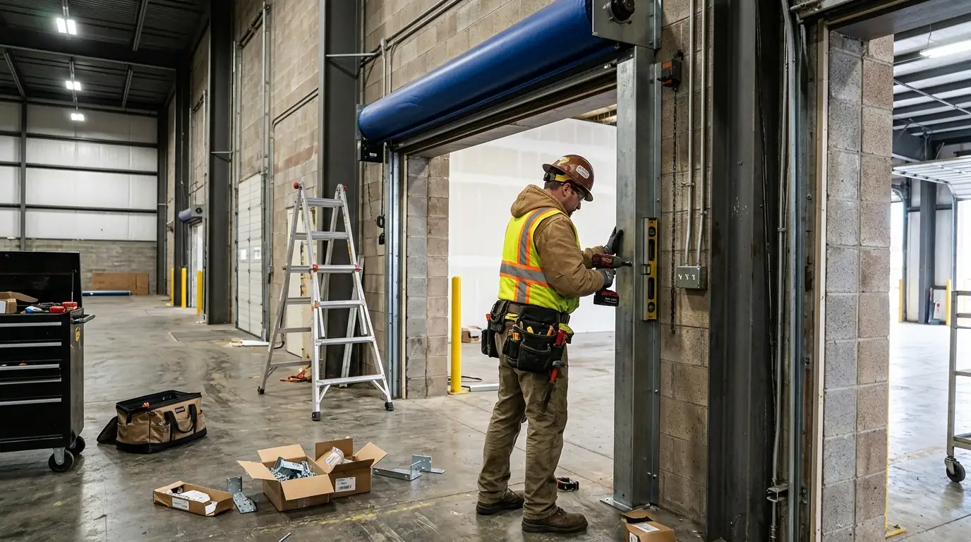 During the job: mounting the drive and side columns of a high speed fabric door