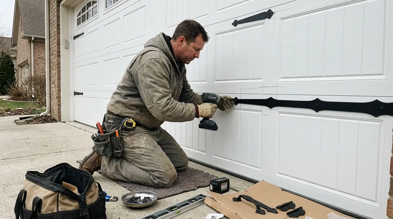 During the job: fastening black strap hinge hardware to carriage overlays