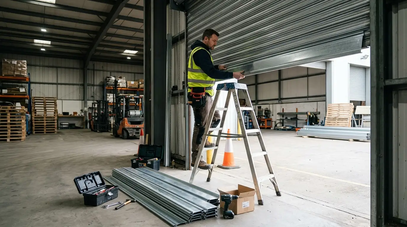 During the job: replacing slats on a rolling door curtain at a warehouse