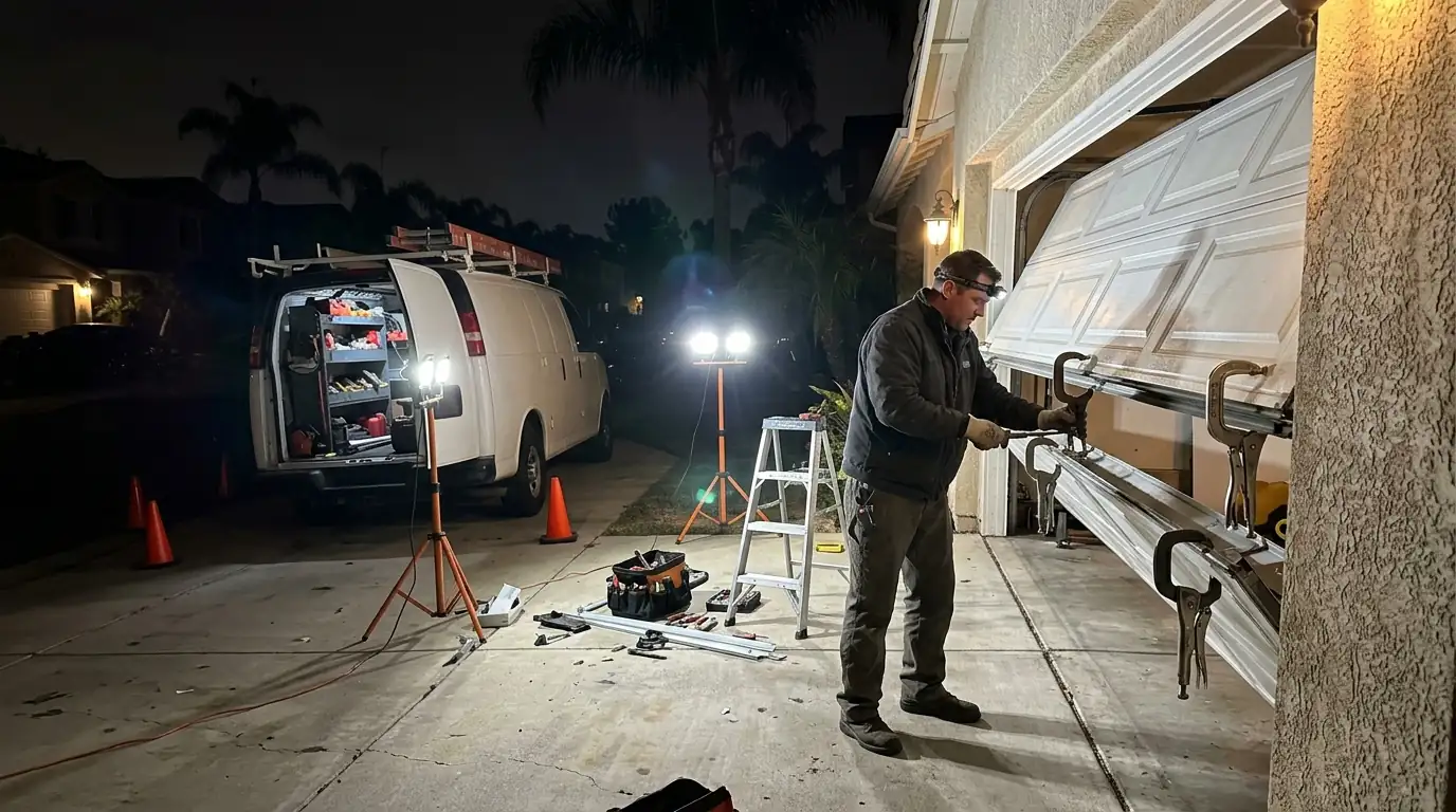Technician repairing a garage door at night under portable work lights