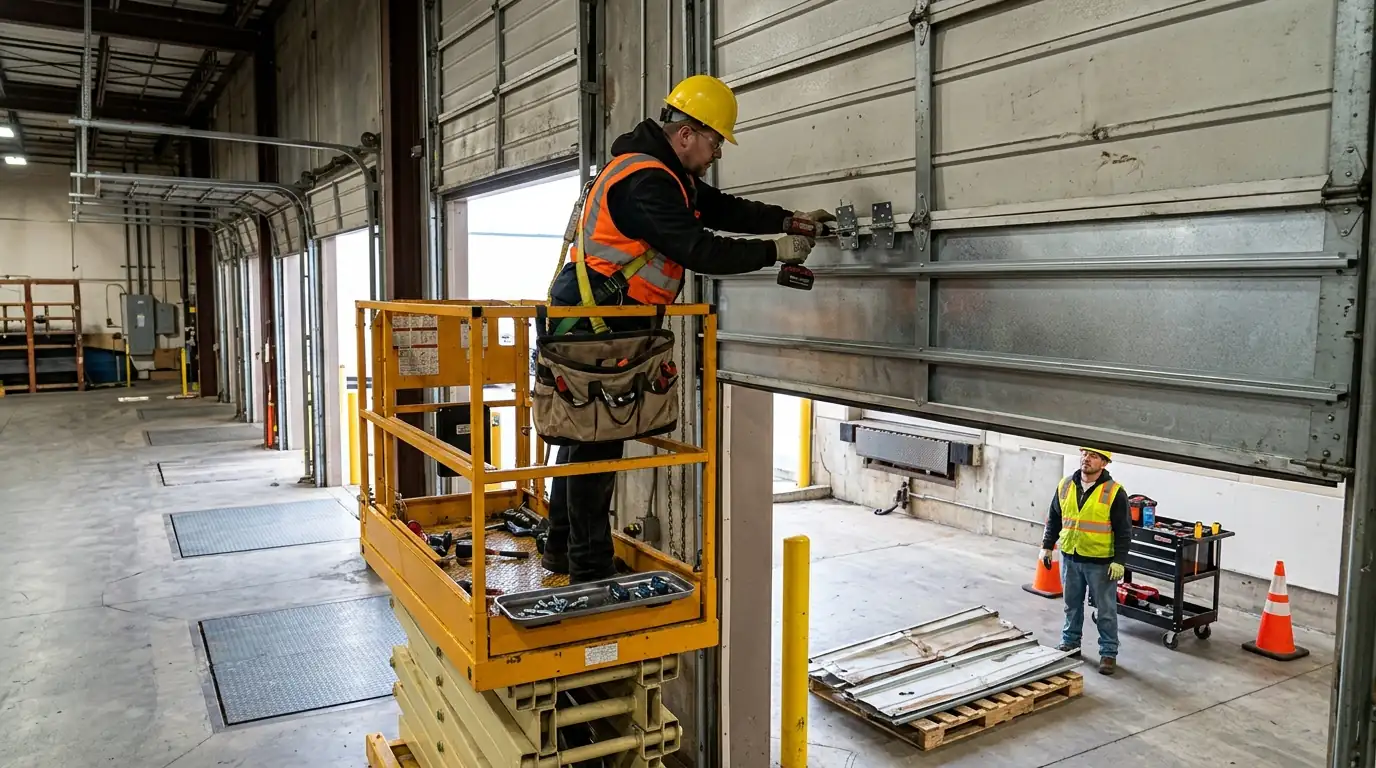 During the job: replacing a damaged section on a dock door from a lift