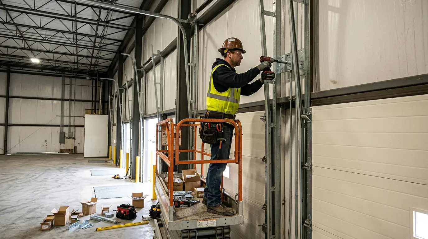 During the job: installing high lift track for a new insulated dock door