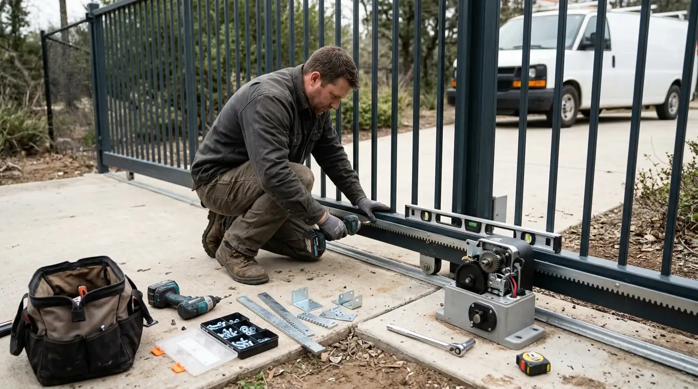 During the job: mounting a slide gate operator and gear rack